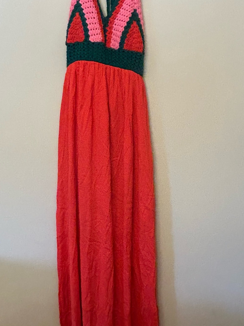 Gianni Bini Red Maxi Dress with Pink and Green Crochet Halter